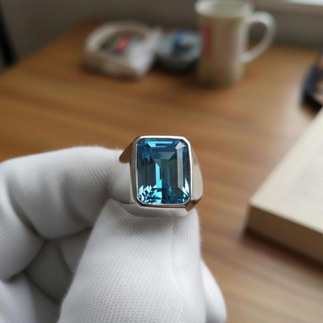 Emerald Cut Swiss Blue Topaz Signet Ring • Sterling Silver Statement ...