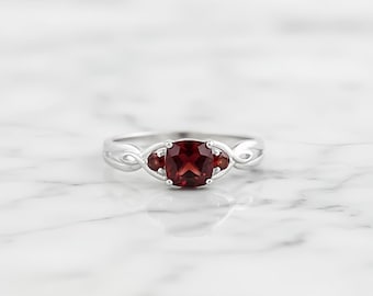 Garnet Trilogy Ring, Twisted Silver Band, January Birthstone Gift for Her