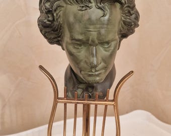 Rara lámpara de busto de Beethoven de mediados de siglo – Latón y bronce patinado – Diseño de lira – c. 1940