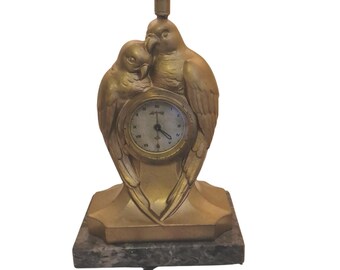 Art Deco Lovebird Lamp with Clock – 1930s French Vintage Gold Spelter Sculpture on Marble Base – Romantic Bird Lamp – Rare Deco Lighting
