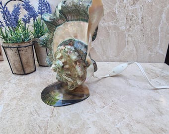 Vintage Giant Seashell Lamp – Iridescent Mother of Pearl Nautical Light – Coastal Beach Decor Statement Piece – Unique Ocean Inspired Light