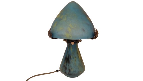 Art Deco Pâte de Verre Table Lamp by La Rochère – Turquoise Mushroom Shade – Signed French Glass Lamp