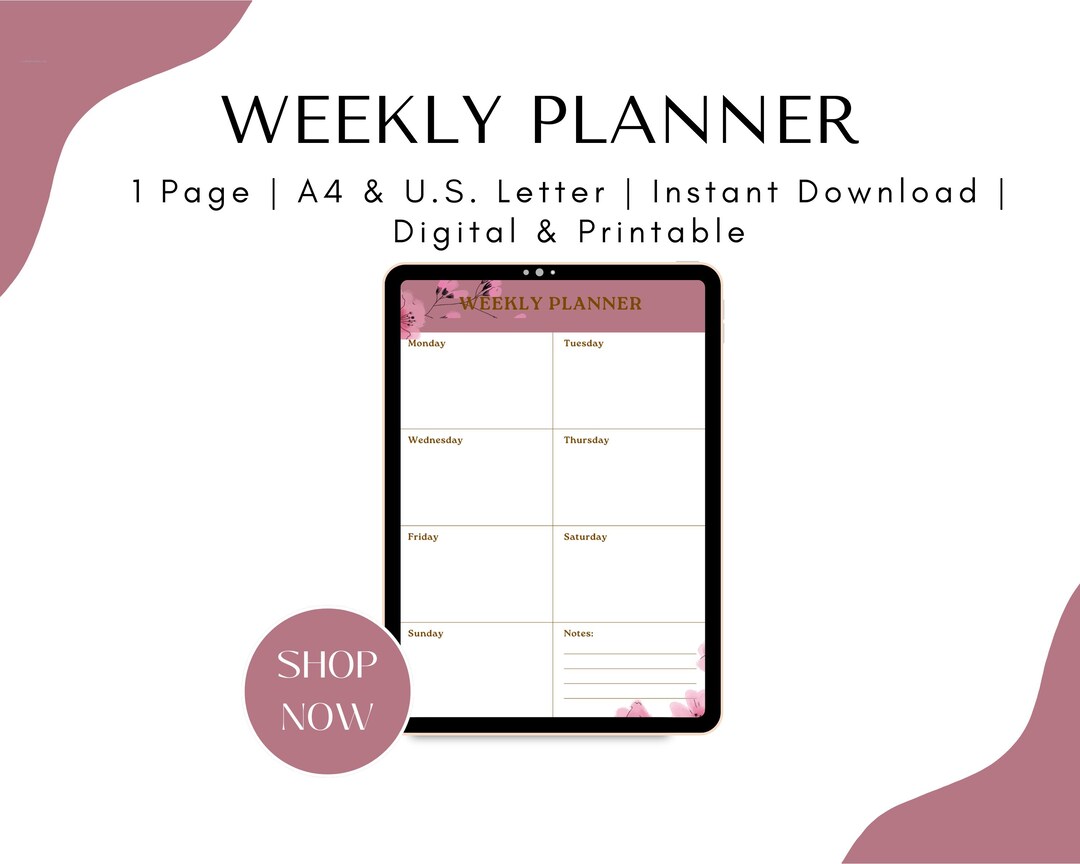 Weekly Planner Printable Pink Floral | Minimalist Digital Planner PDF ...