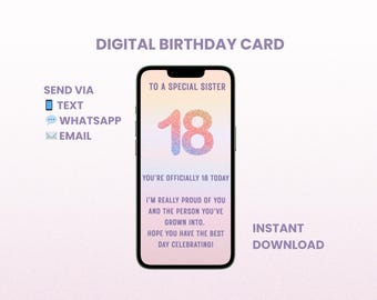 18e verjaardagskaart voor zus - digitale mobiele eCard – direct downloaden