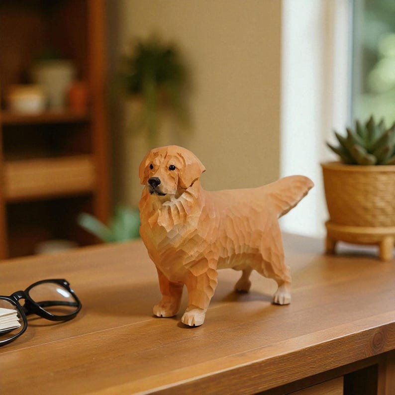 May include: A wooden sculpture of a Golden Retriever dog, standing on a wooden surface. The dog is carved with detailed fur texture and has a natural wood color. The sculpture is a decorative item.