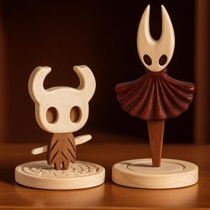 May include: Two wooden figurines. One has a horned head and a leaf-like body, the other a tall, horned head and a red skirt. Both are on round wooden bases, demonstrating detailed craftsmanship.