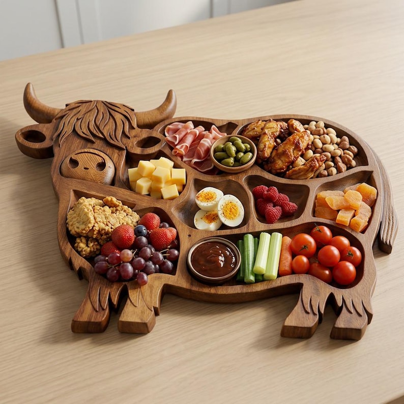 May include: A wooden serving tray shaped like a cow, filled with various snacks. The tray features compartments holding cheese cubes, fruit, vegetables, nuts, and other appetizers. The cow's head has carved details, including horns and a smiling face.