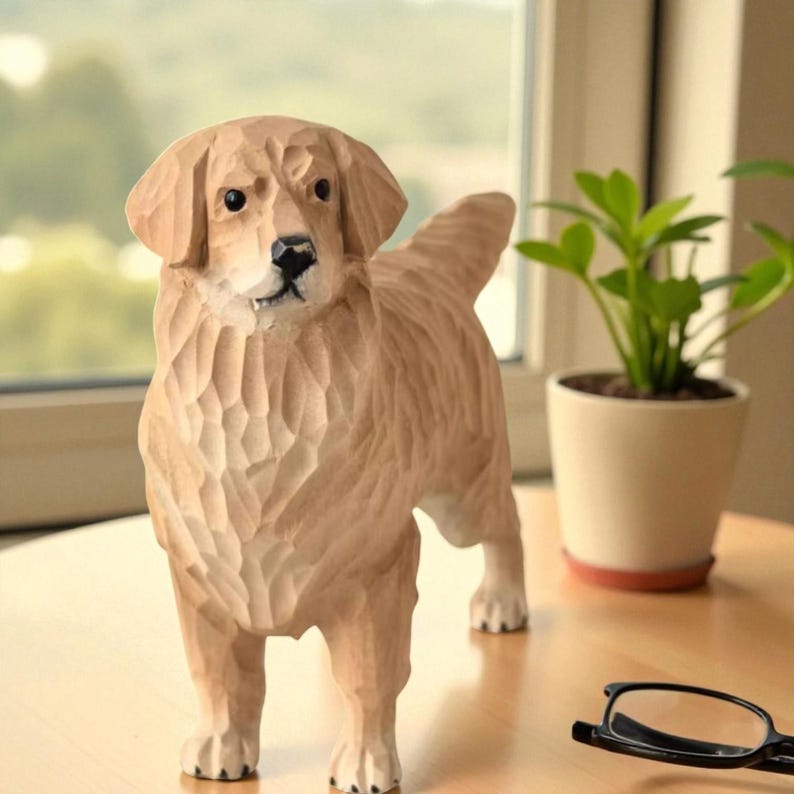 May include: A wooden sculpture of a Golden Retriever dog, standing with its tail up. The dog is carved from light-colored wood, with detailed texture. The sculpture is a decorative item, likely for home decor.