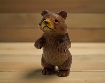 Carved Wooden Bear Figurine | Rustic Animal Ornament for Home Decor & Gift Collectors