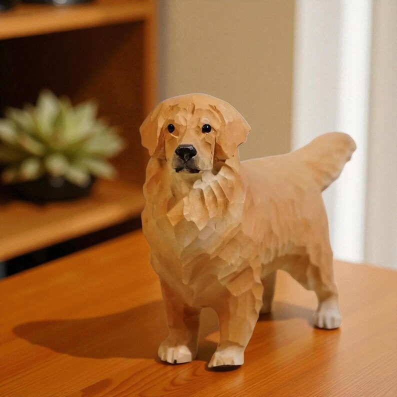 May include: A wooden sculpture of a Golden Retriever dog, standing on a wooden surface. The dog is carved with detailed fur texture and has a light brown color. The sculpture is a decorative item.