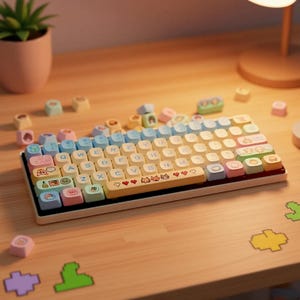 May include: A pastel-colored mechanical keyboard with custom keycaps featuring various icons and symbols. The keyboard has a cream-colored frame and a variety of pastel-colored keycaps. The keyboard is on a wooden surface.