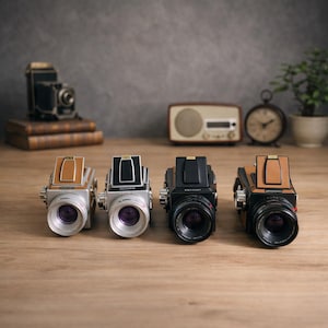 Puede incluir: Cuatro cámaras de estilo vintage en plata, negro y marrón con detalles en cuero están dispuestas sobre una superficie de madera. Las cámaras tienen lentes prominentes y están colocadas en fila, mostrando su diseño. Una cámara clásica y otros objetos vintage están en el fondo.