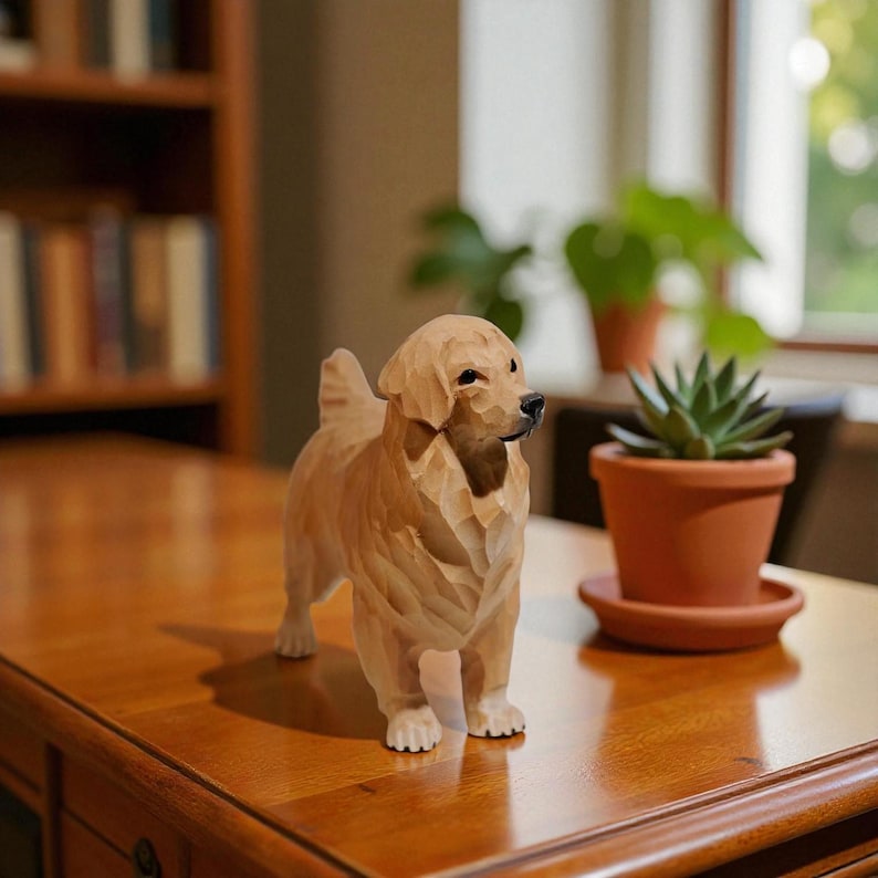 May include: A wooden sculpture of a Golden Retriever dog, standing on a wooden table. The dog is carved with detailed fur and facial features. The sculpture is light brown in color and has a natural wood grain finish. The background includes a bookshelf and potted plants.