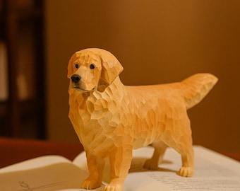 Golden Retriever Wooden Figurine | Hand-Carved Dog Ornament for Desk, Home Decor & Gift Giving