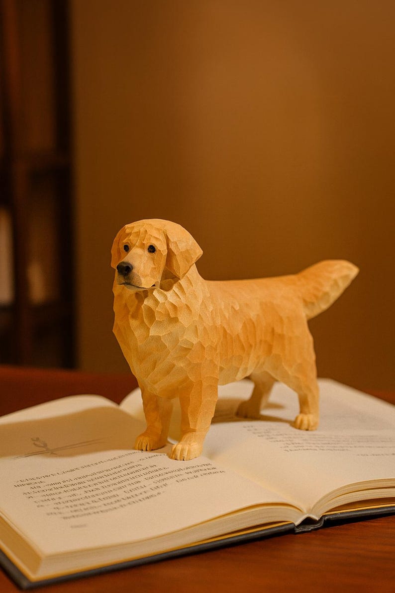 May include: A wooden sculpture of a Golden Retriever dog standing on an open book. The dog is carved from light-colored wood, with detailed features and a textured surface. The book has printed text.