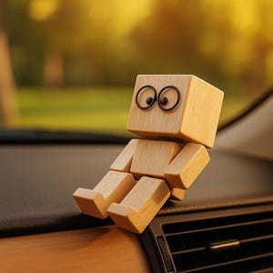 May include: A wooden figurine of a person with a block-shaped head and body, and jointed limbs. The figurine has black circular eyes and is positioned on a car dashboard. The wood has a natural finish.