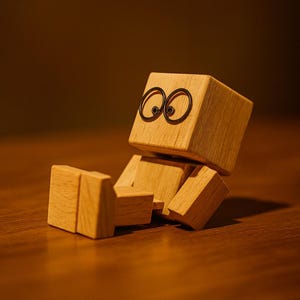 May include: A wooden toy figure with a cube-shaped head and body, and jointed limbs. The eyes are represented by two black, circular outlines. The figure is sitting on a wooden surface, with its arms and legs in a relaxed position.