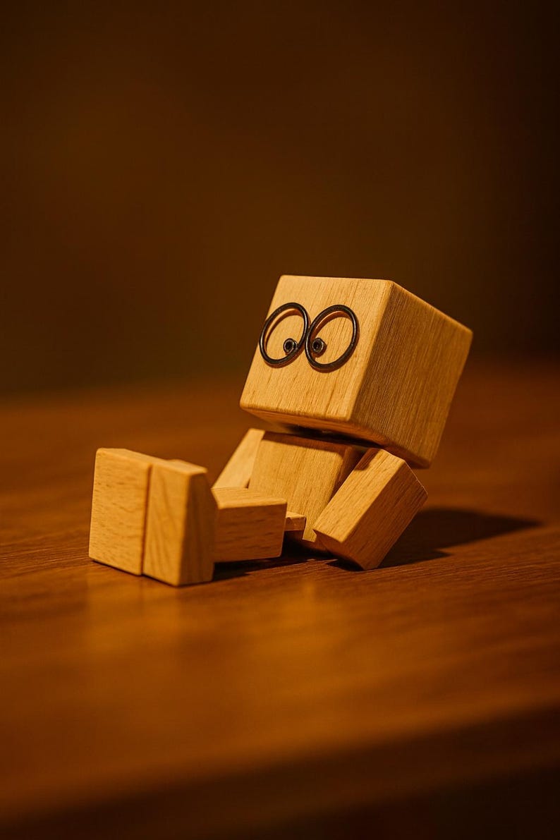 May include: A wooden toy figure with a cube-shaped head and body, and jointed limbs. The eyes are represented by two black, circular outlines. The figure is sitting on a wooden surface, with its arms and legs in a relaxed position.