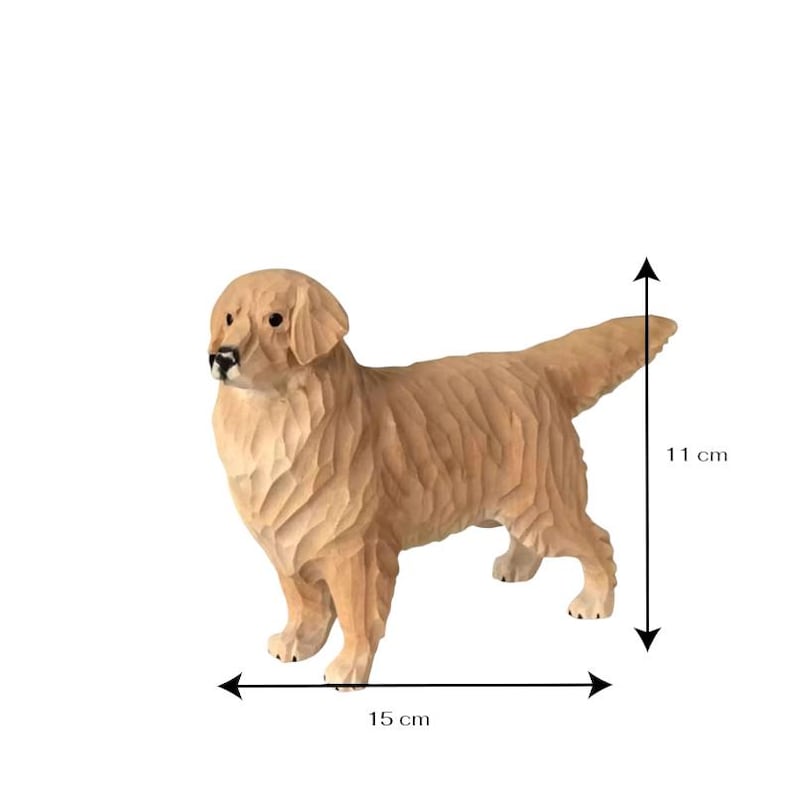 May include: A wooden sculpture of a Golden Retriever dog, standing with its tail up. The dog is light brown and measures 15 cm long and 11 cm tall.