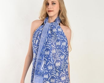 Ręcznie drukowany blokowy sarong plażowy dla kobiet, chusty plażowe z bawełny, narzutka plażowa, pareo, strój kąpielowy, prezent dla niej, okrycie plażowe, indyjski lungi