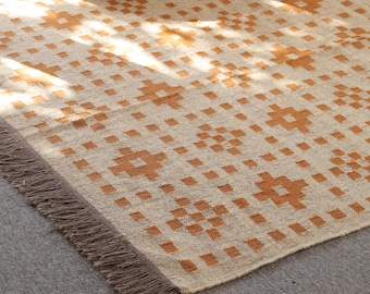Handwoven Wool Jute Kilim Rug, Boho Tribal Area Rug, Southwestern Dhurrie, Farmhouse Rug, Geometric Living Room Rug