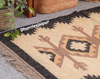 Handwoven Wool Jute Kilim Rug Bohemian Geometric Area Rug, Custom Size Rug