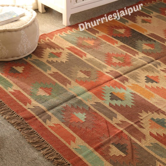 Handwoven Wool Jute Kilim Rug, Vintage Tribal Dhurrie Area Rug, Southwestern Navajo Moroccan Style Rug, Boho Farmhouse Flatweave Runner