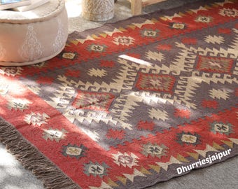 Handwoven Wool Jute Kilim Rug, Vintage Boho Area Rug, Southwestern Tribal Dhurrie, Red Geometric Farmhouse Rug,