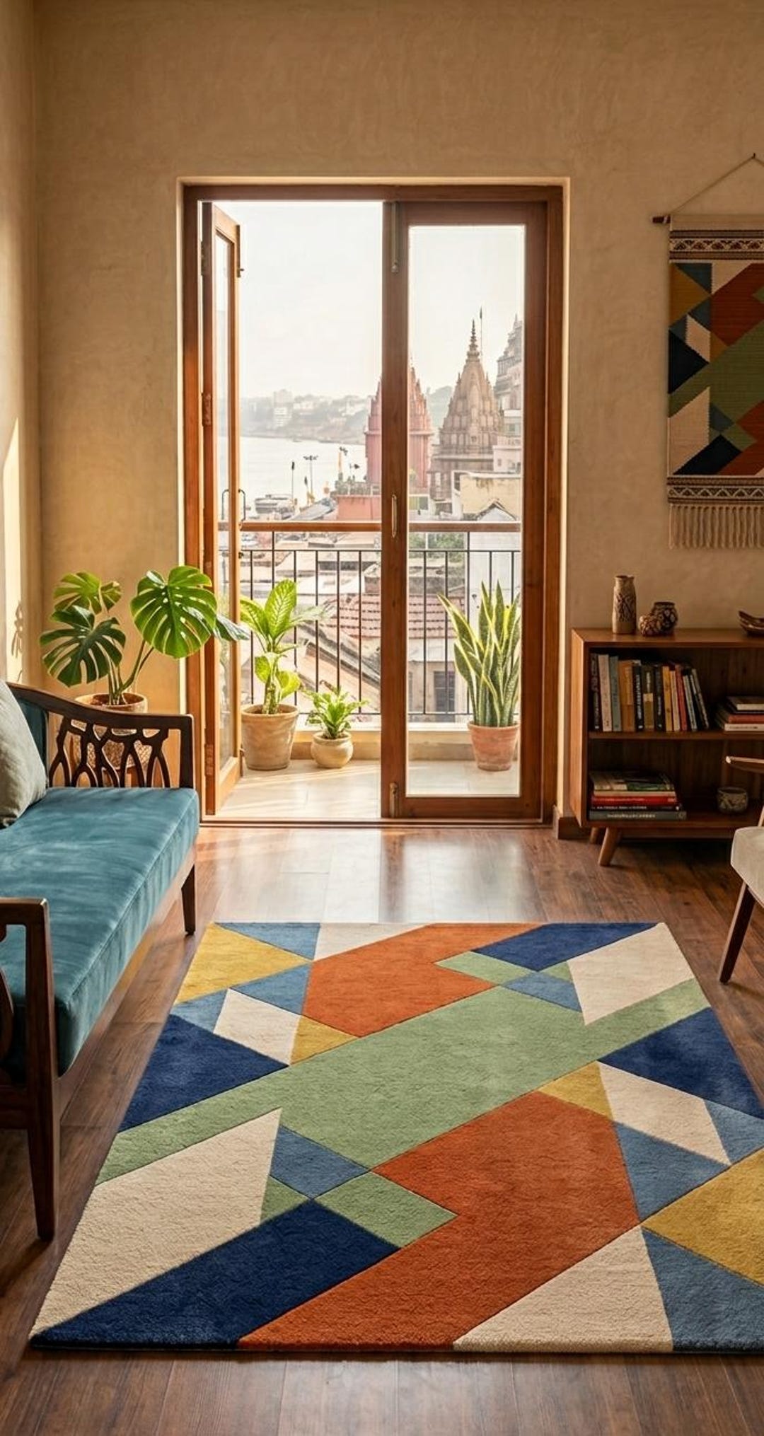 Hand Tufted Wool Rug Mid Century Modern Geometric Area Rug Orange Blue ...