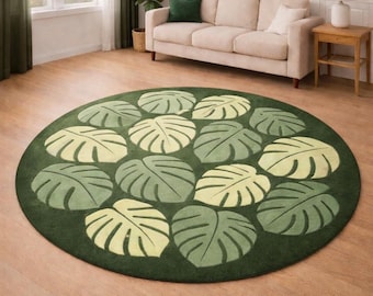 Monstera Leaf Round Rug Hand Tufted Wool Area Rug Green Tropical Botanical Circle Carpet for Living Room Bedroom Custom Size 5x5 6x6 8x8