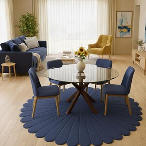 Tappeto rotondo blu navy smerlato in lana annodato a mano con motivo floreale a petali, tappeto moderno di lusso per soggiorno, dimensioni personalizzate 4x4 5x5 6x6 7x7 8x8 9x9