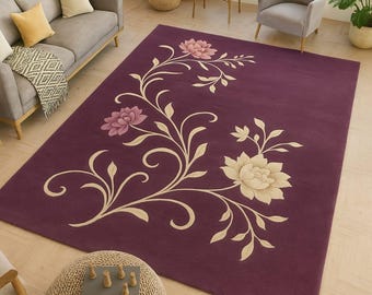 Plum Floral Area Rug | Elegant Burgundy Rose & Vine Pattern