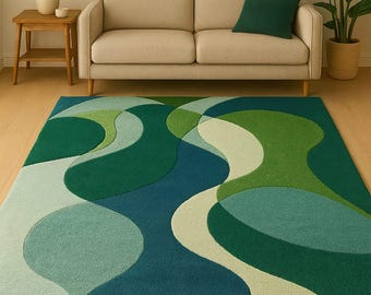 Mid Century Modern Wool Area Rug Green Abstract Hand Tufted Carpet Living Room Decor Large Luxury Rug Custom Size 8x10 9x12 6x9 FT