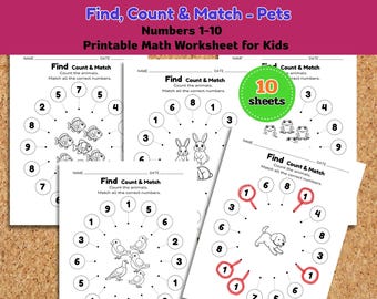 Haustiere Mathe-Arbeitsblatt | Finde, Zähle & Kombiniere (Zahlen 1-10, PDF Download)