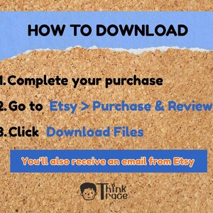 May include: A corkboard background with blue and white text that reads "HOW TO DOWNLOAD" and instructions for completing a purchase and downloading files from Etsy. The image also includes the text "You'll also receive an email from Etsy."