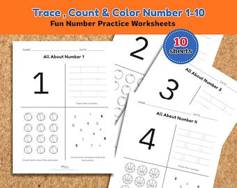 Number Tracing 1-10 Worksheets | Preschool Kindergarten Printable (PDF Format A4 & US-Letter)