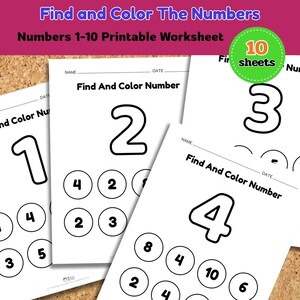 Può includere: Fogli di lavoro stampabili per bambini per trovare e colorare i numeri da 1 a 10. Ogni foglio presenta un numero grande e cerchi più piccoli con numeri da trovare e colorare. Il titolo recita "Find and Color The Numbers".