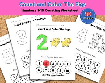 Schweine zählen und Farbe 1–10 druckbares Arbeitsblatt | Zählen für Vorschulkinder