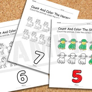 May include: Three educational worksheets for children. The worksheets are titled "Count And Color" and feature illustrations of animals, including horses, sheep, and goats. Each sheet has a different number, 5, 6, and 7, in a large, bold font.