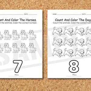 May include: Two educational worksheets on a corkboard. One worksheet says "Count And Color The Horses" with 12 horse illustrations and the number 7. The other says "Count And Color The Dogs" with 12 dog illustrations and the number 8.