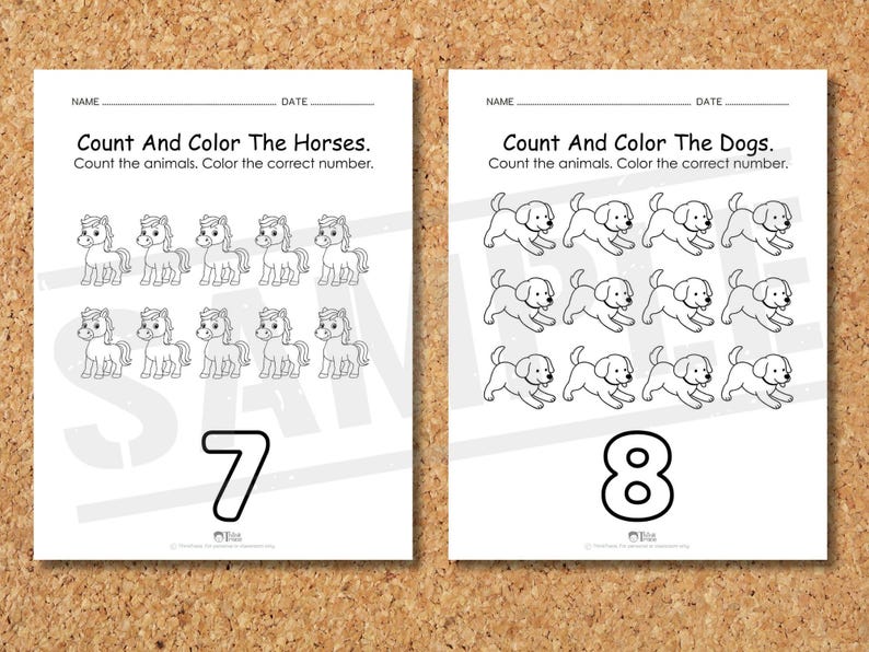 May include: Two educational worksheets on a corkboard. One worksheet says "Count And Color The Horses" with 12 horse illustrations and the number 7. The other says "Count And Color The Dogs" with 12 dog illustrations and the number 8.
