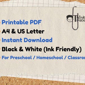 May include: A piece of paper with text and a paperclip. The text includes "Printable PDF", "A4 & US Letter", "Instant Download", "Black & White (Ink Friendly)", and "For Preschool / Homeschool / Classroom". The paper has a torn edge and is pinned to a corkboard.