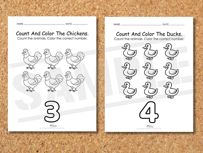 May include: Two white worksheets on a corkboard. The left worksheet says "Count And Color The Chickens" with six chicken illustrations and the number 3. The right worksheet says "Count And Color The Ducks" with nine duck illustrations and the number 4.