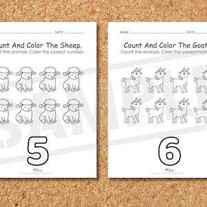 May include: Two black and white worksheets on a corkboard. The left worksheet says "Count And Color The Sheep" with 8 sheep illustrations and the number 5. The right worksheet says "Count And Color The Goats" with 8 goat illustrations and the number 6.