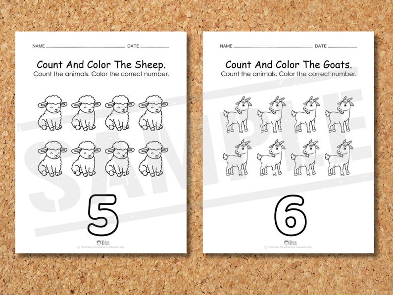 May include: Two black and white worksheets on a corkboard. The left worksheet says "Count And Color The Sheep" with 8 sheep illustrations and the number 5. The right worksheet says "Count And Color The Goats" with 8 goat illustrations and the number 6.