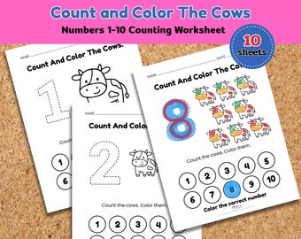 Kühe zählen und ausmalen 1–10 Arbeitsblatt zum ausdrucken | Zählen für Vorschulkinder