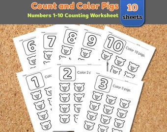 Schweine zählen Arbeitsblatt | Zähl- und Farbnummern 1–10 | Vorschule Homeschool Math Printable