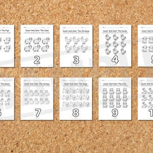 May include: Ten printable worksheets for children, each featuring a different farm animal: pigs, cows, chickens, ducks, sheep, goats, horses, dogs, cats, and turkeys. The worksheets include the text "Count and Color the..." and a number from 1 to 10.