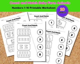 Zähle und kombiniere die Bauernhoftiere 1–10 Arbeitsblätter | Vorschule Mathe Matching Aktivität