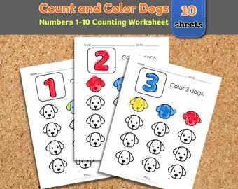 Hunde zählen Arbeitsblatt | Zähl- und Farbnummern 1–10 | Vorschule Homeschool Math Printable
